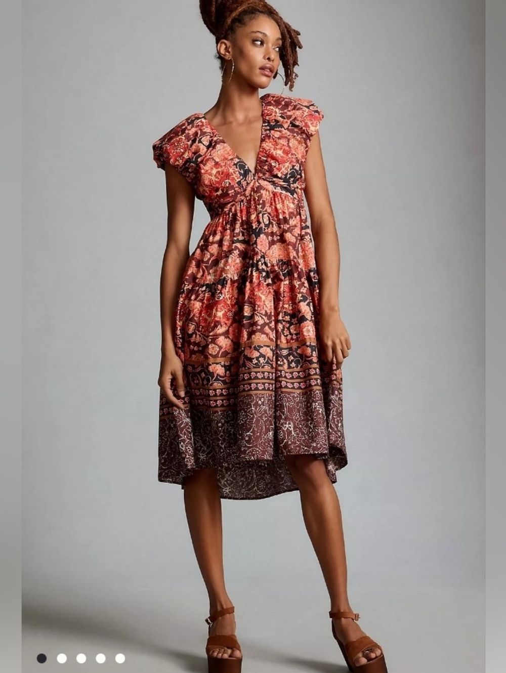 Rust Floral V‑Neck Tiered Midi Dress